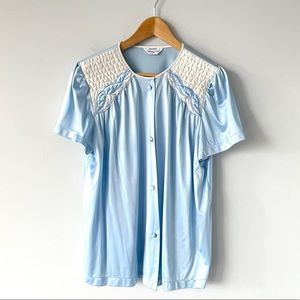 Vanity Fair Vintage Satin Blue White Button PJ Top